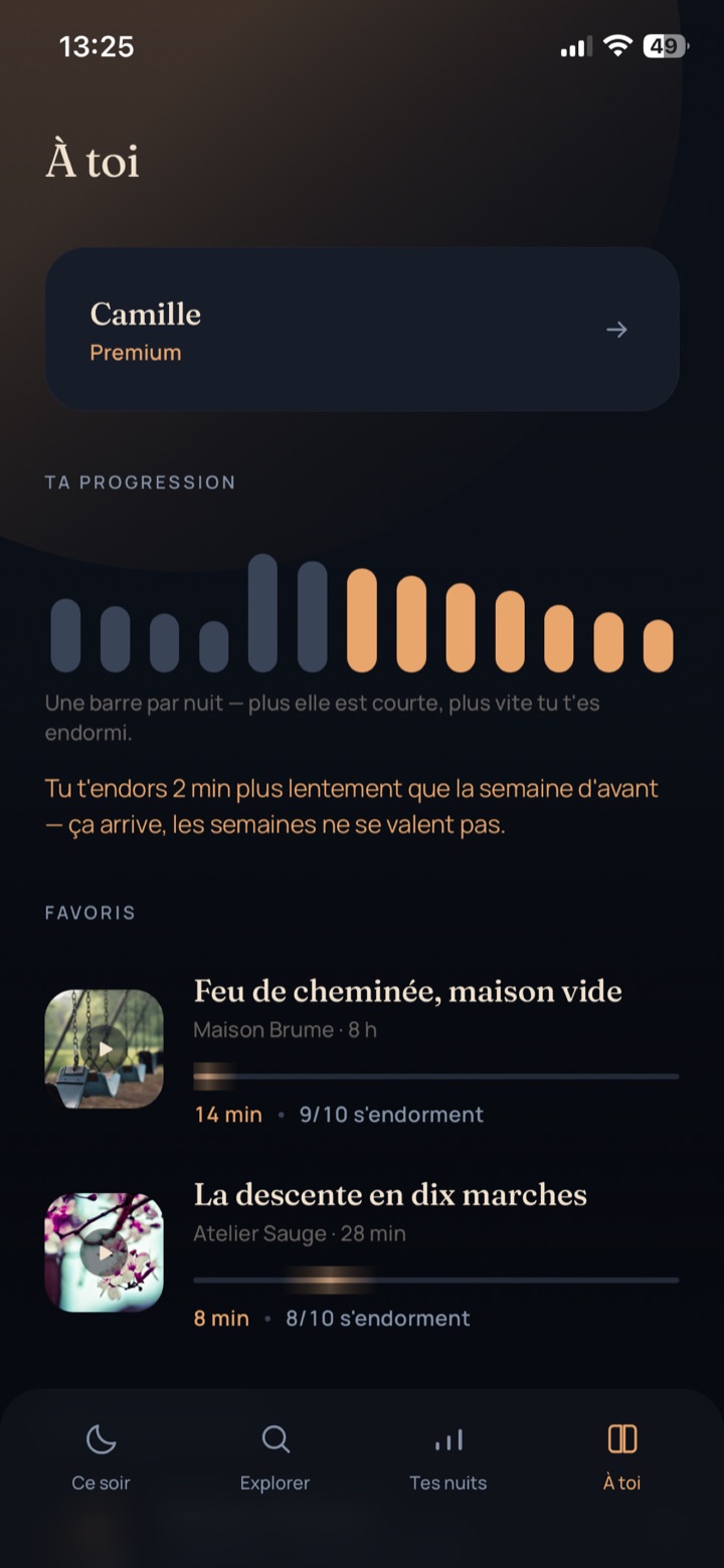 L’écran de vos progrès : la progression nuit après nuit, une barre par nuit
